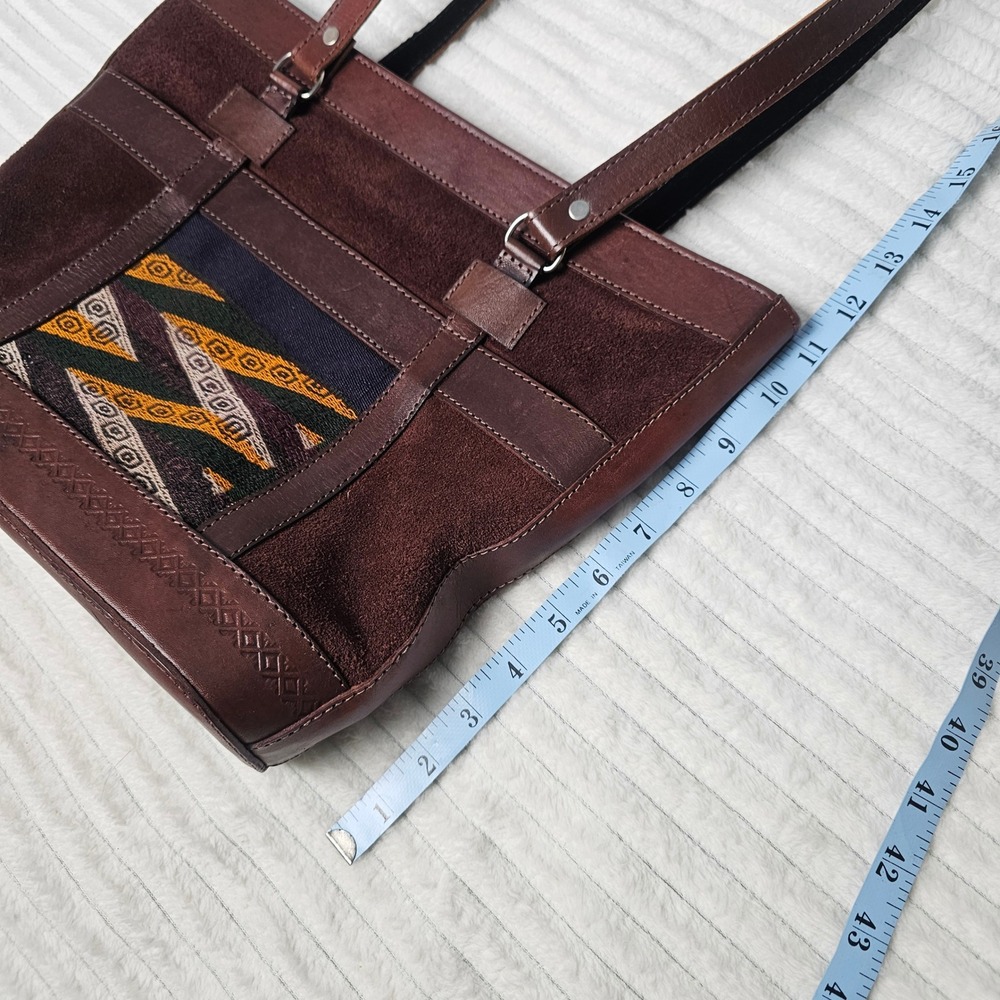 Handmade Bolivian Leather Suede Tote Bag Brown Geometric Woven Textile Artisan‎ - Picture 3 of 12